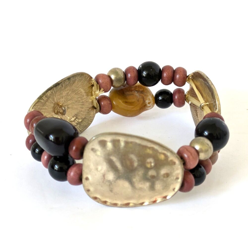 Chunky Hammered Gold Tone Panel Stretch Bracelet Faux Stones Beads 7" - Picture 1 of 9